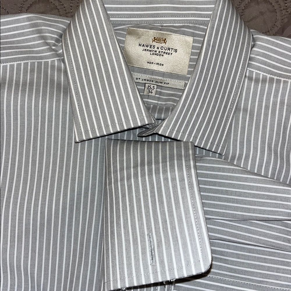 New Mens Hawes & Curtis St James Fit Gray White French Cuff Dress Non Iron Shirt